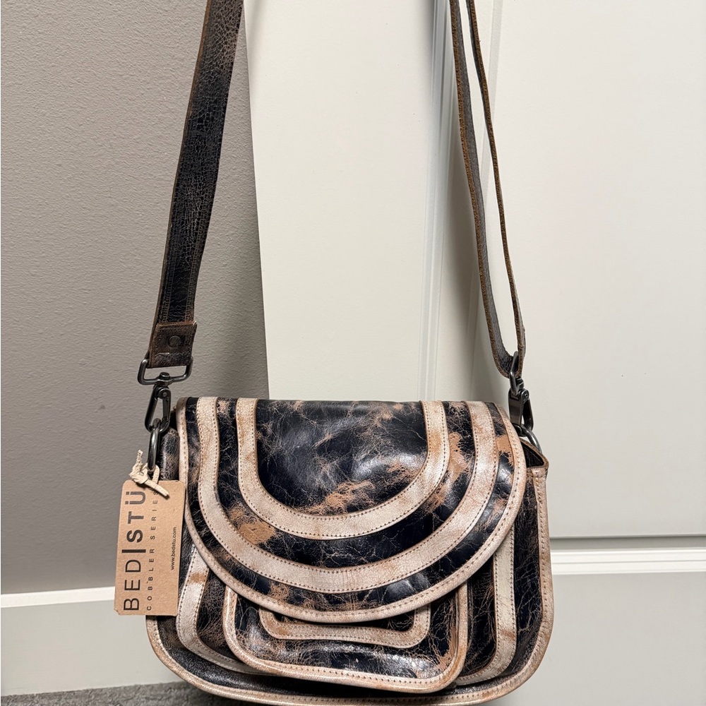 BED|STU Distressed Black and Tan Crossbody Bag